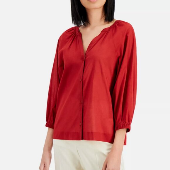 Alfani Tops - Alfani Terra Nova Cardinal Rouge Red V Neck Button Down Peasant Blouse